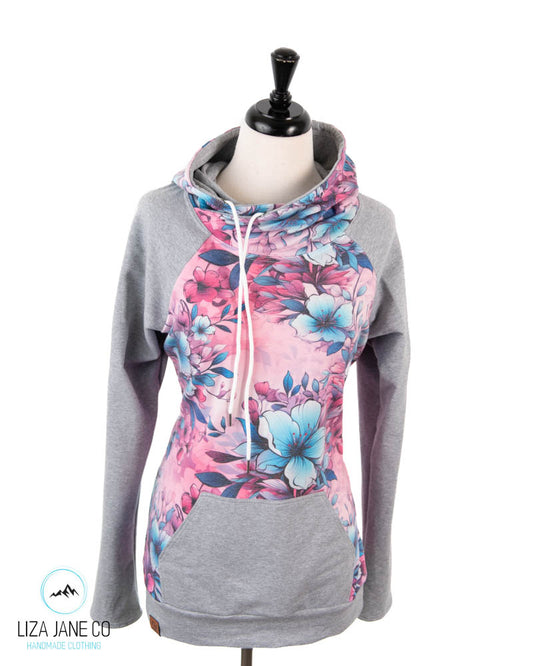 Women's Hoodie | Pink/Aqua Floral and Grey on Sleeves {Made to Order}