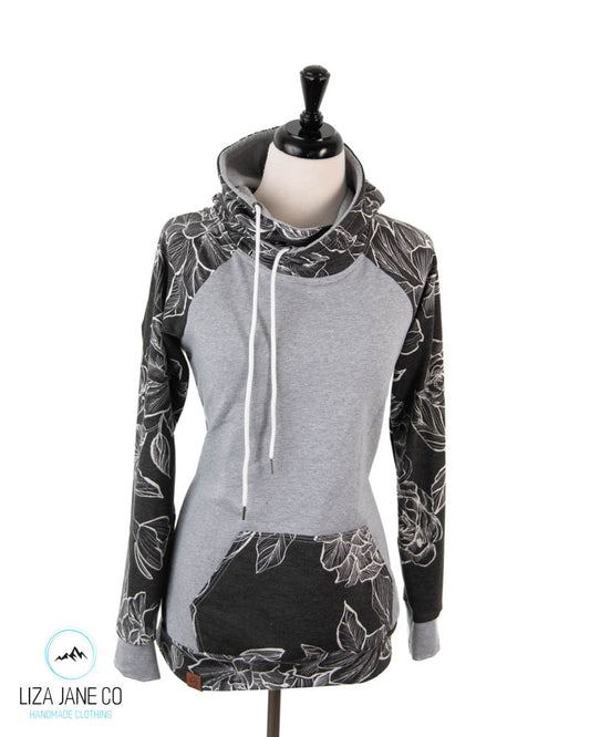 Women's Hoodie | White Floral outline on black & Heather Grey