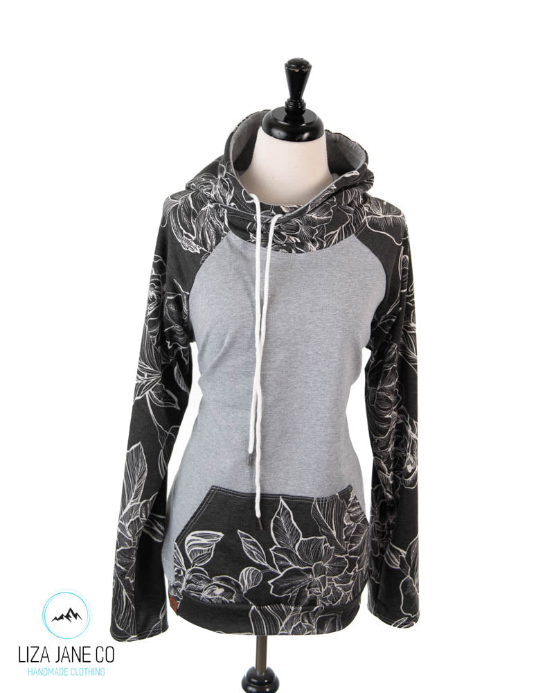 Women's Hoodie | White Floral outline on black & Heather Grey
