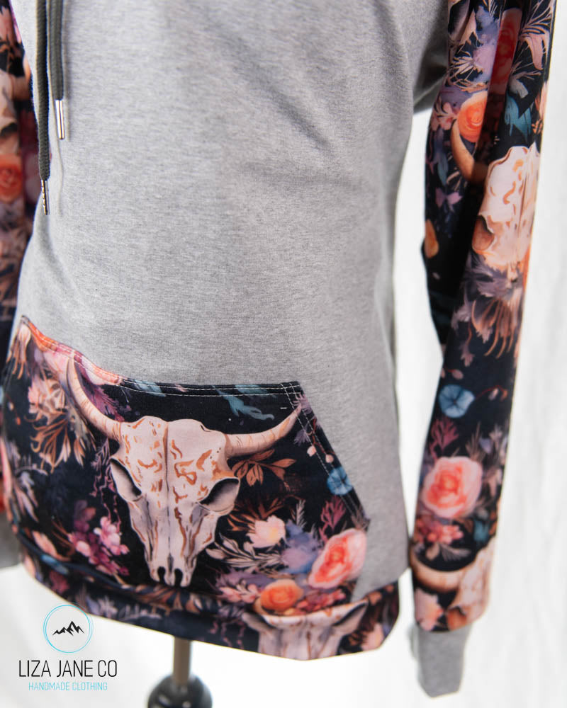 Women's Hoodie | Vibrant Floral skull on Navy and Grey on Body {Made to Order}