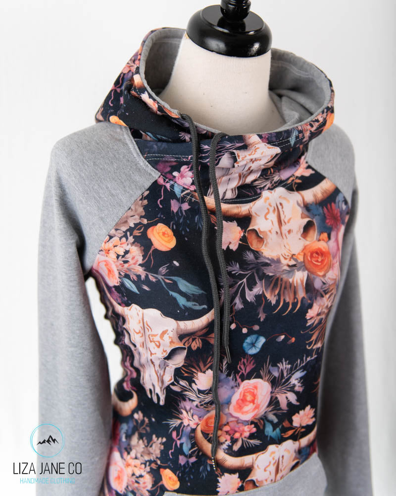 Women's Hoodie | Vibrant Floral skull on Navy and Grey on Sleeves {Made to Order}