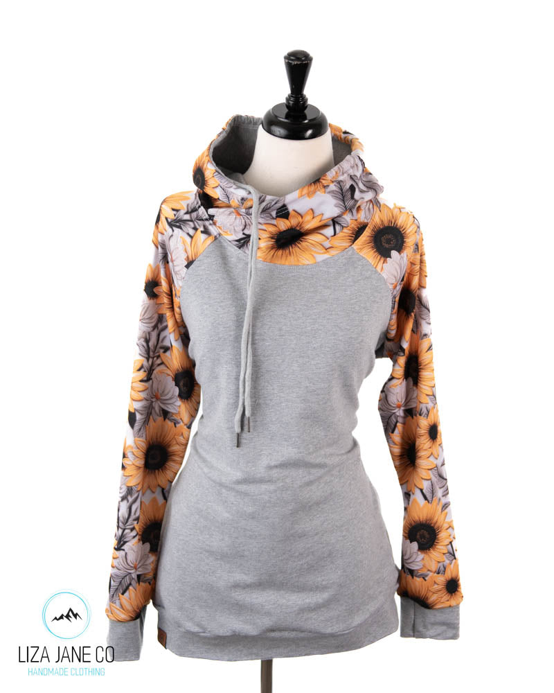 Women's Hoodie | Vibrant Embroidered Sunflower and Grey on Body {Made to Order}