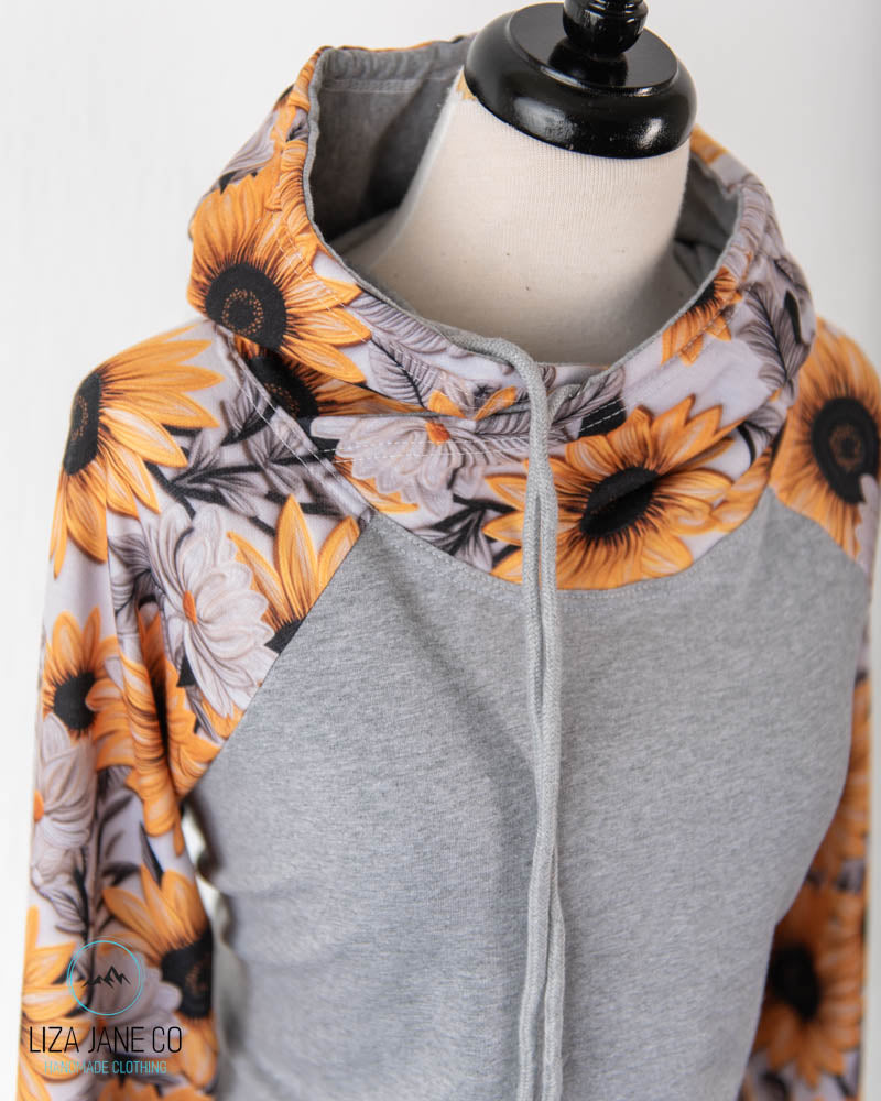 Women's Hoodie | Vibrant Embroidered Sunflower and Grey on Body {Made to Order}