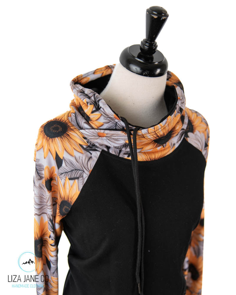 Women's Hoodie | Vibrant Embroidered Sunflower and black on Body {Made to Order}