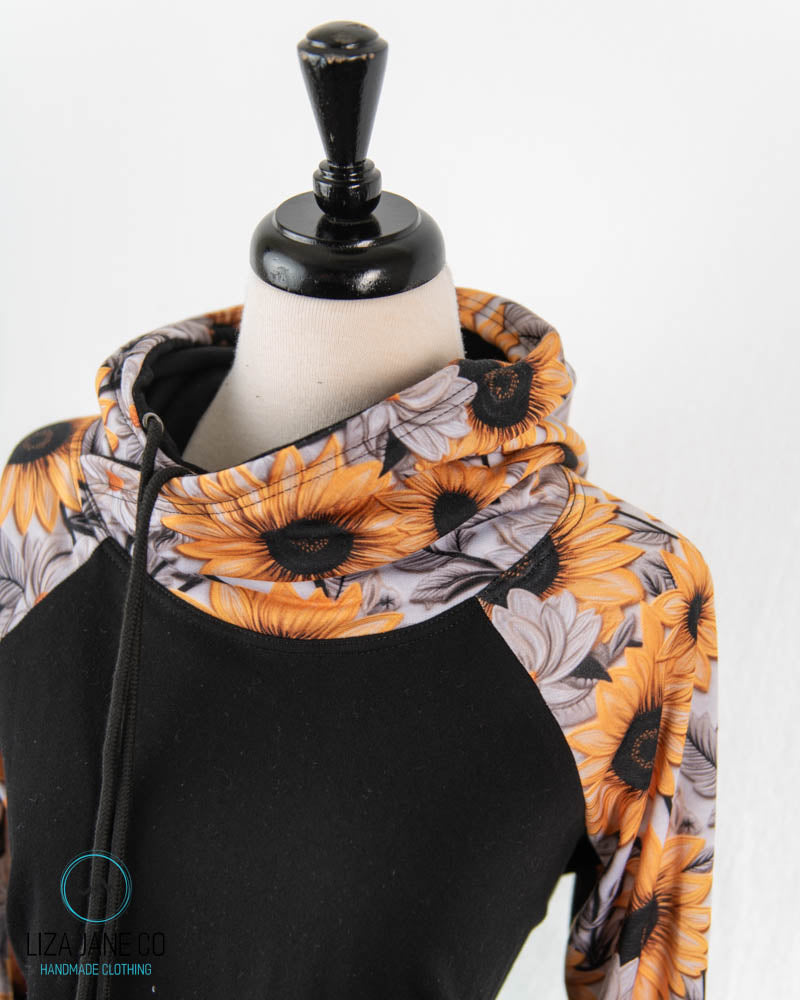 Women's Hoodie | Vibrant Embroidered Sunflower and black on Body {Made to Order}