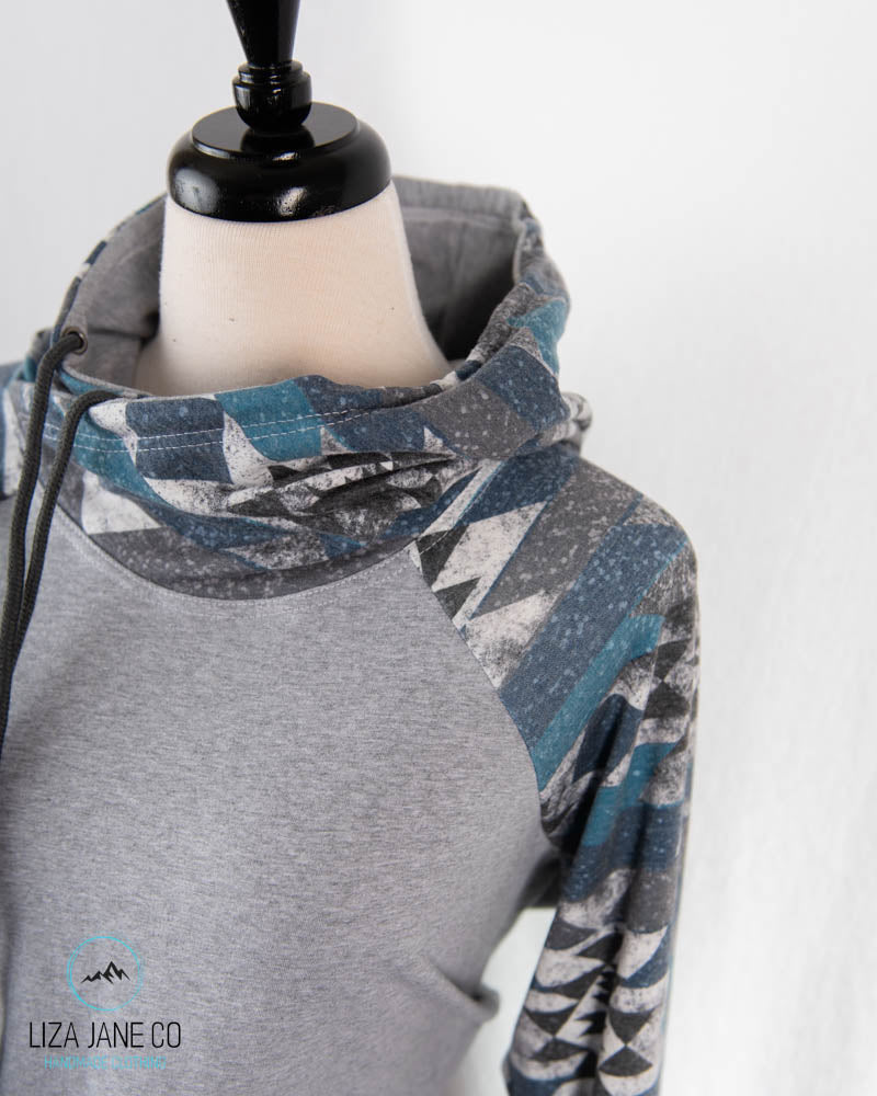 Women's Hoodie | Muted Blue Glitter Aztec and Grey on Body {XX-Large}