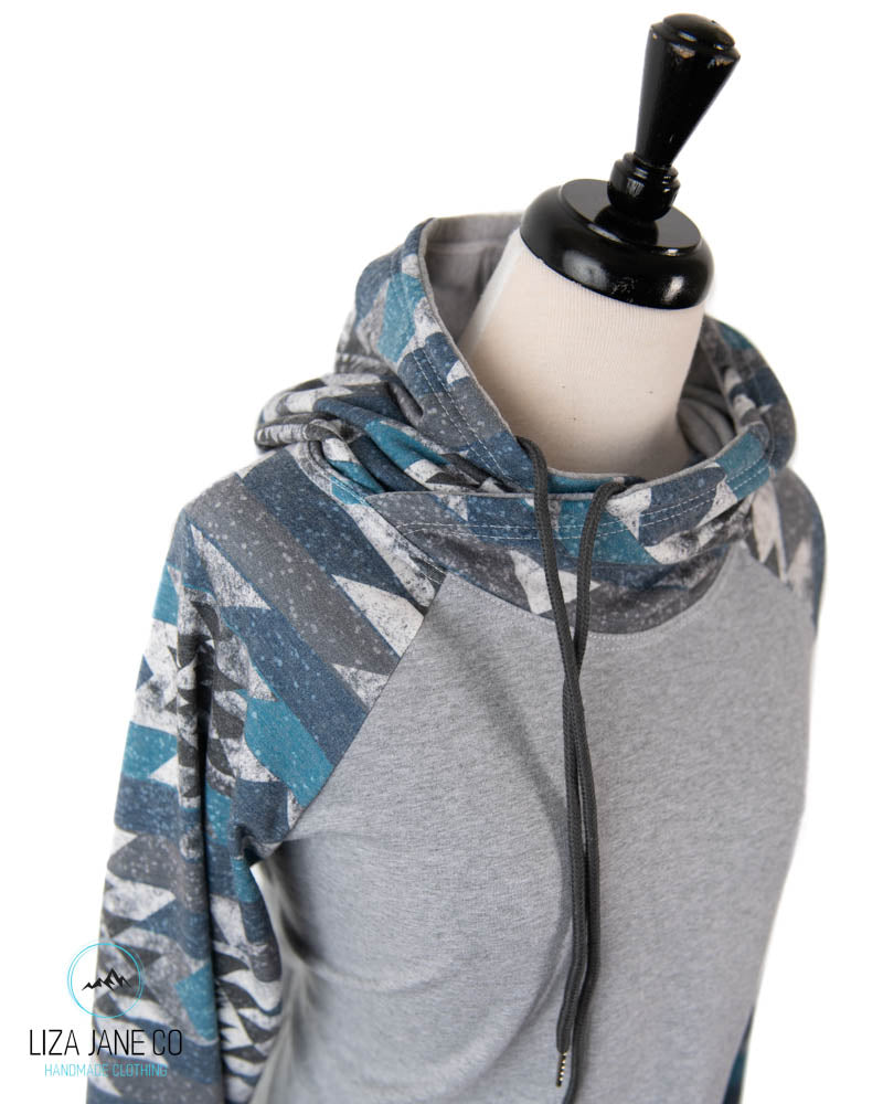 Women's Hoodie | Muted Blue Glitter Aztec and Grey on Body {XX-Large}