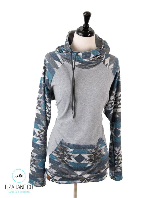 Women's Hoodie | Muted Blue Glitter Aztec and Grey on Body {XX-Large}