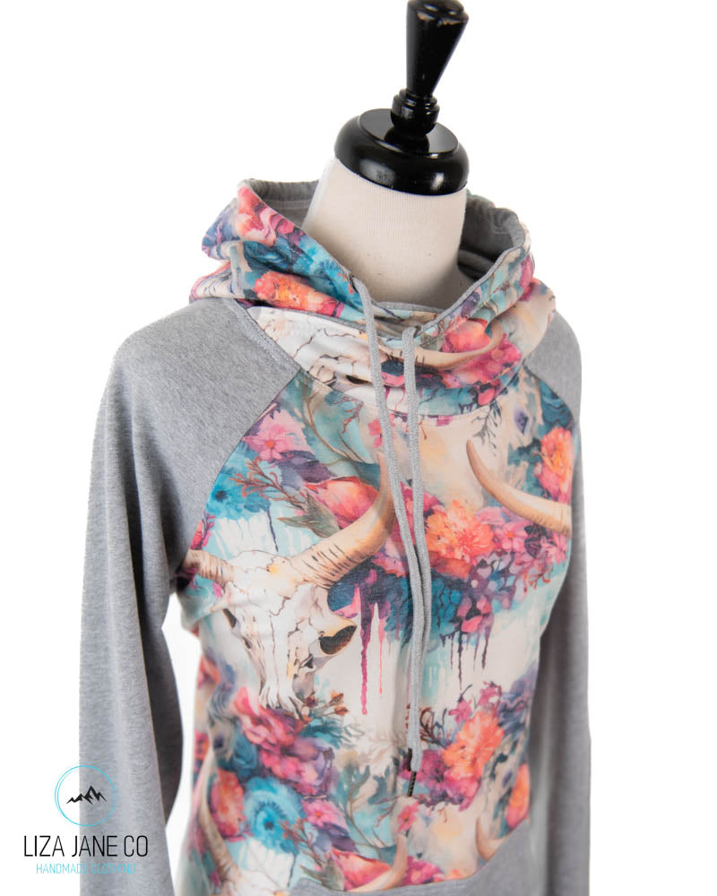 Women's Hoodie | Skull on bright dripping floral and Grey on Sleeves {Made to Order}