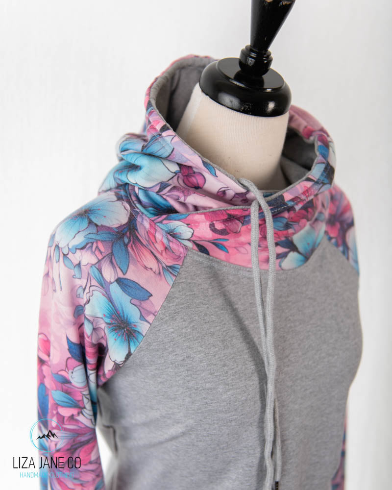 Women's Hoodie | Pink/Aqua Floral and Grey on Body {Made to Order}