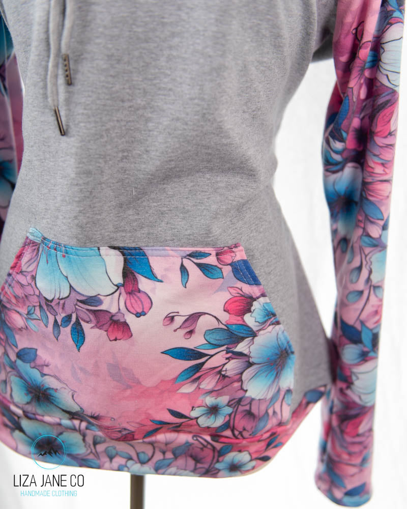 Women's Hoodie | Pink/Aqua Floral and Grey on Body {Made to Order}