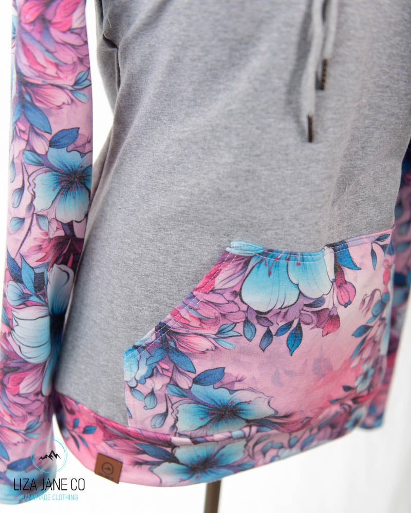 Women's Hoodie | Pink/Aqua Floral and Grey on Body {Made to Order}