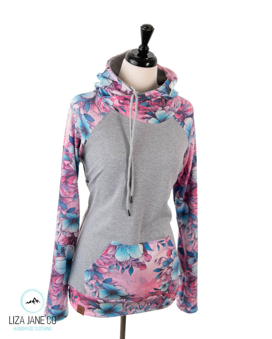 Women's Hoodie | Pink/Aqua Floral and Grey on Body {Made to Order}