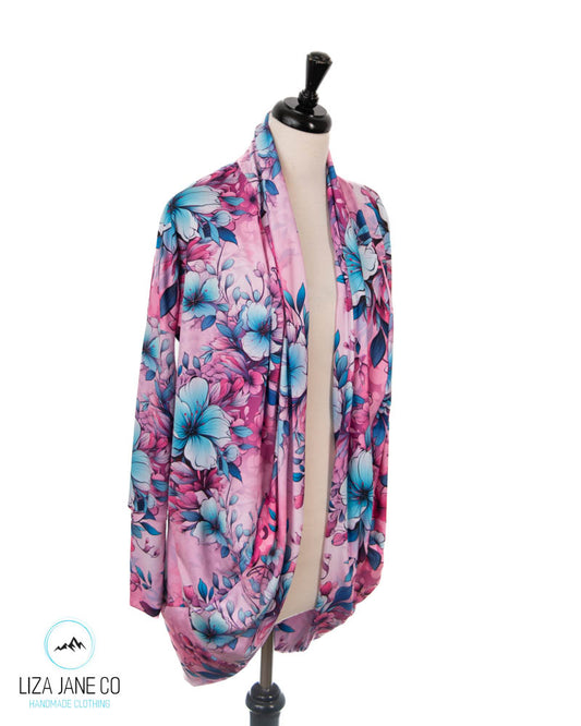 Women's Cocoon Cardigan | Aqua Floral on Pink (Made to Order)