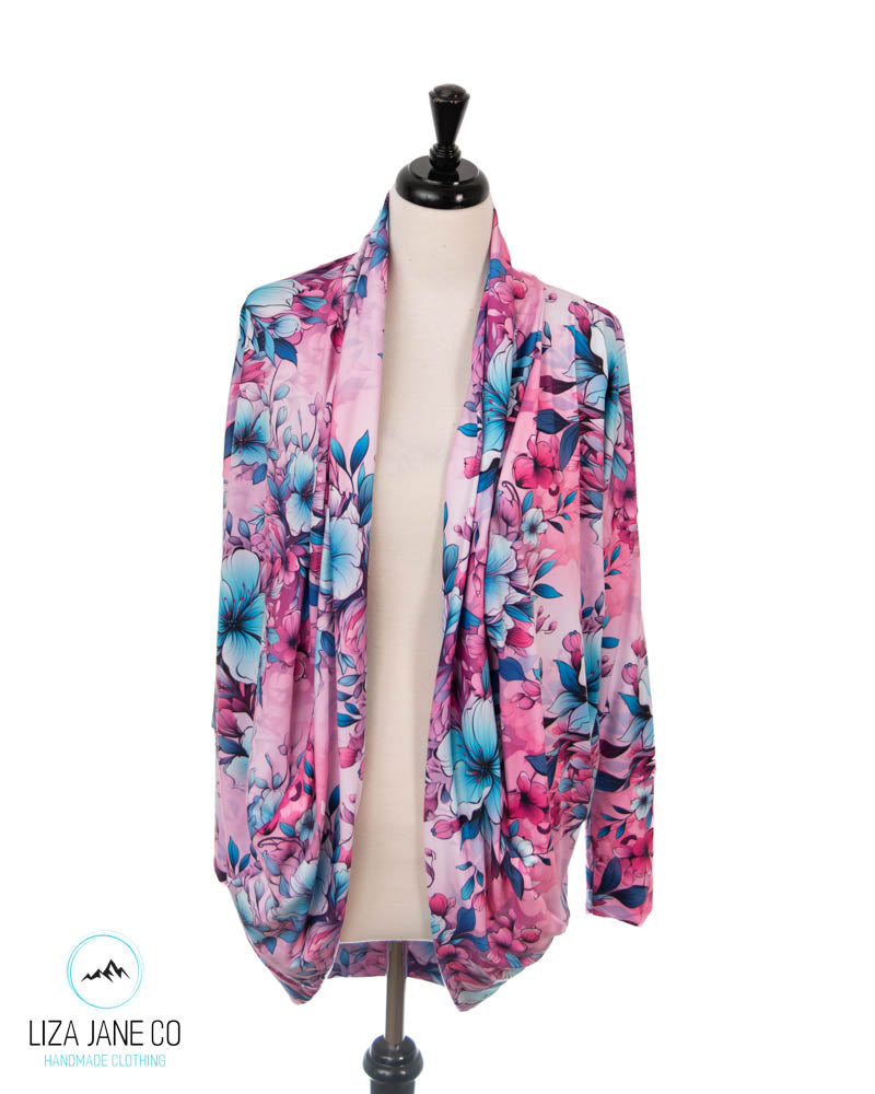 Women's Cocoon Cardigan | Aqua Floral on Pink (Made to Order)