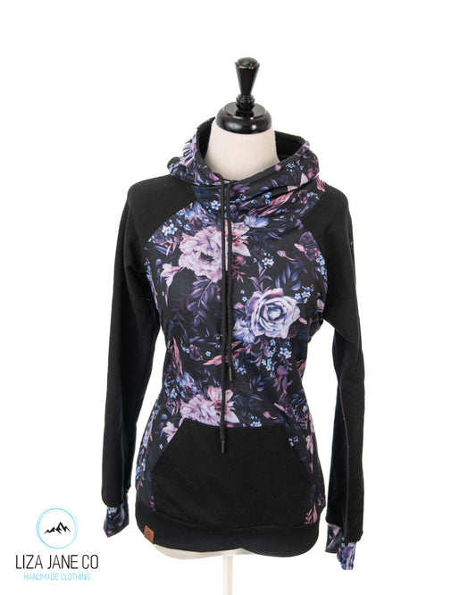 Women's Hoodie | Purple Floral on black and Black on Sleeves {Made to Order}