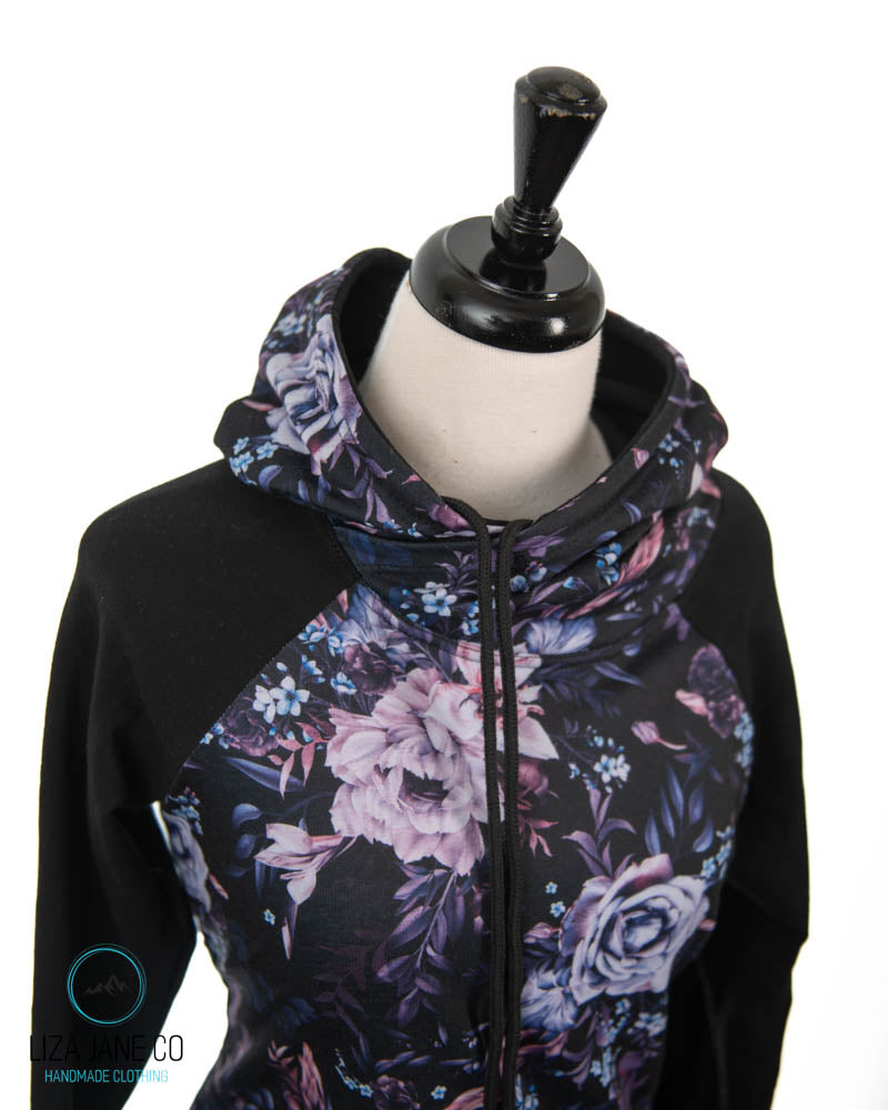 Women's Hoodie | Purple Floral on black and Black on Sleeves {Made to Order}