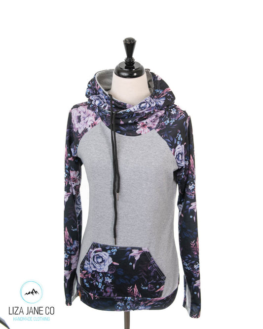 Women's Hoodie | Purple Floral on black and Grey on Body {Made to Order}