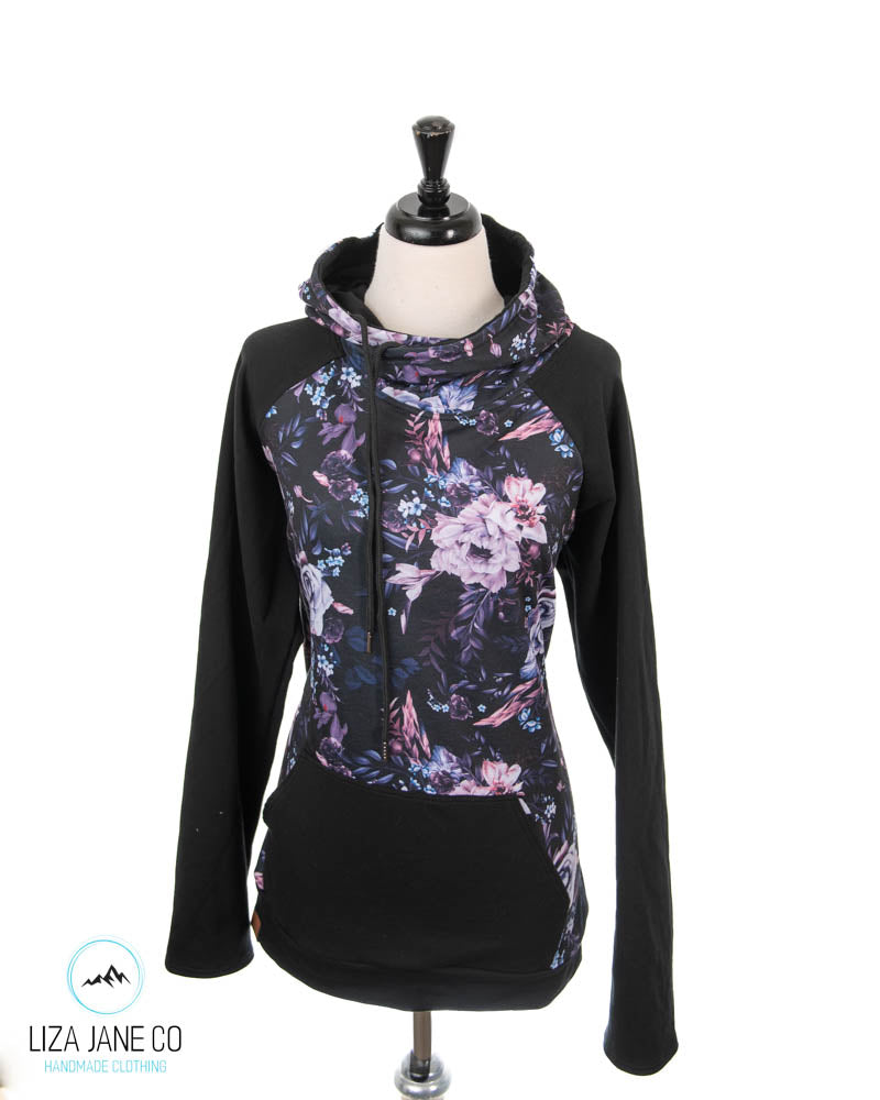 Women's Hoodie | Purple Floral on black and Black on Sleeves {Made to Order}