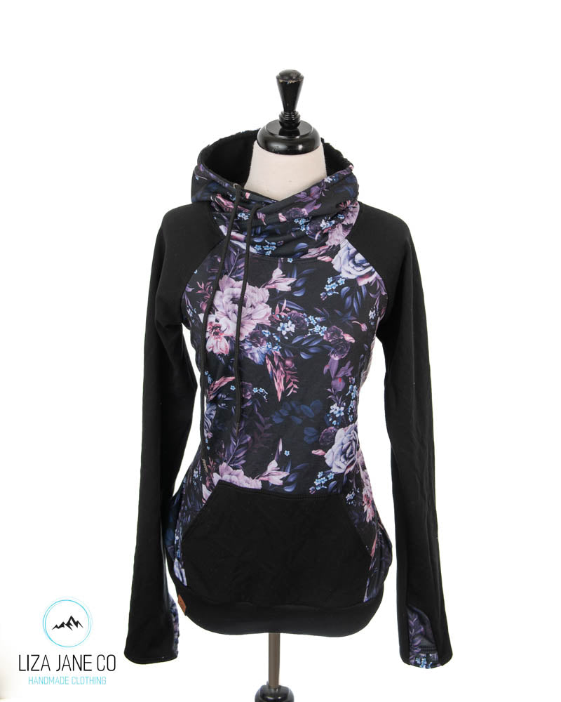 Women's Hoodie | Purple Floral on black and Black on Sleeves {Made to Order}