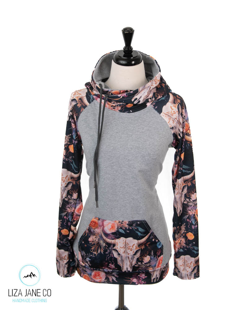 Women's Hoodie | Vibrant Floral skull on Navy and Grey on Body {Made to Order}