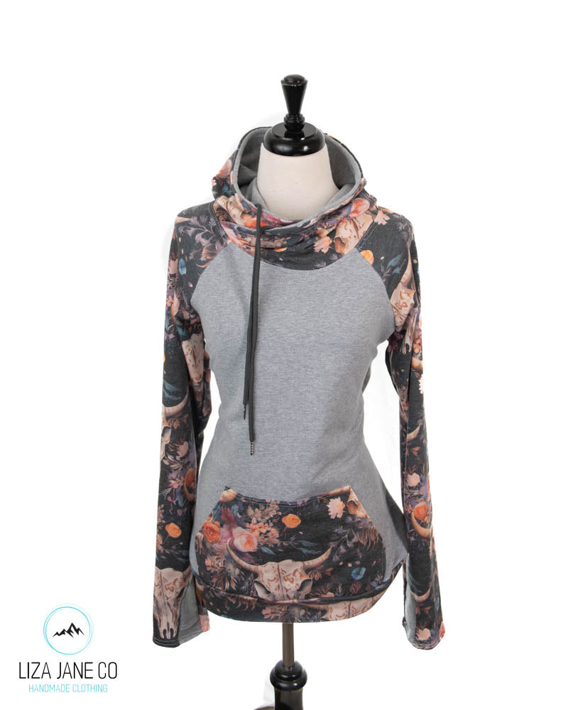 Women's Hoodie | Muted Floral skull on Navy and Grey on Body {Made to Order}