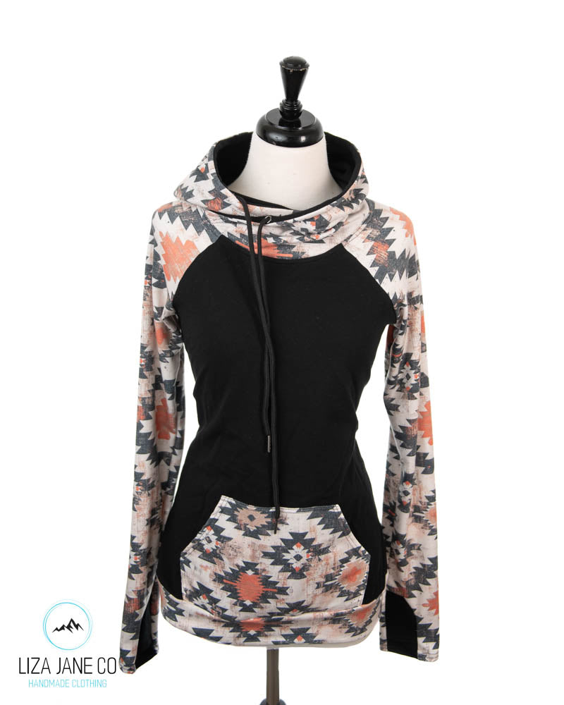 Women's Hoodie | Natural/earthy Aztec and black on Body {Made to Order}