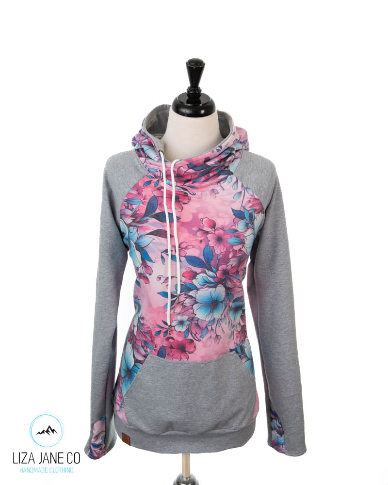 Women's Hoodie | Pink/Aqua Floral and Grey on Sleeves {Made to Order}