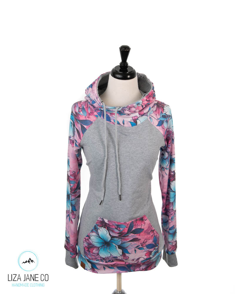 Women's Hoodie | Pink/Aqua Floral and Grey on Body {Made to Order}