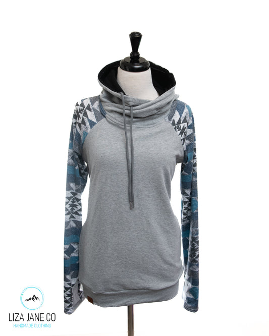 Women's Hoodie | Muted Blue Glitter Aztec and Grey on Body {Large}