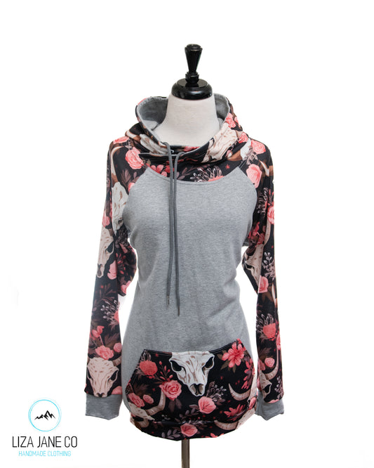 Women's Hoodie | Skulls Roses and grey on Body {Made to Order}