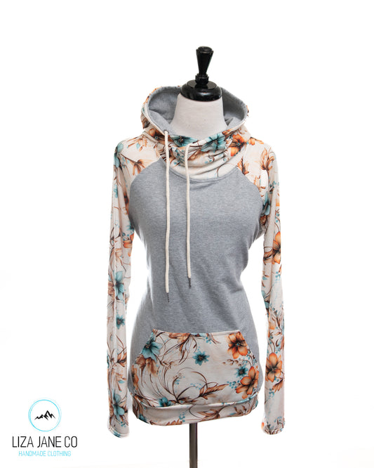 Women's Hoodie | Orange & Aqua flowers and grey on Body {Made to Order}