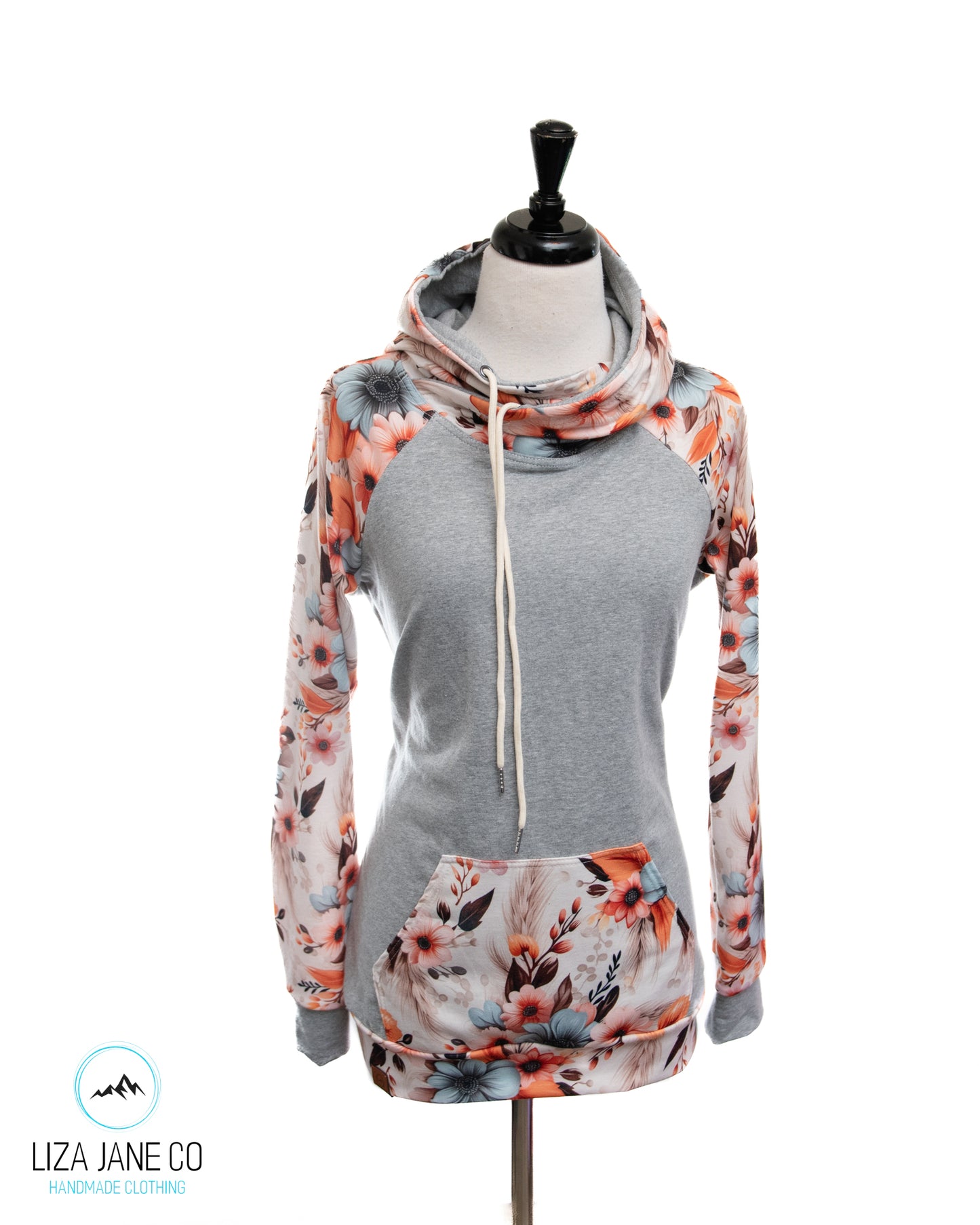 Women's Hoodie | Peach & Denim Floral and grey on Body {Made to Order}