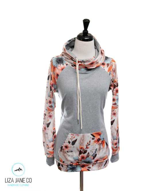 Women's Hoodie | Peach & Denim Floral and grey on Body {Made to Order}