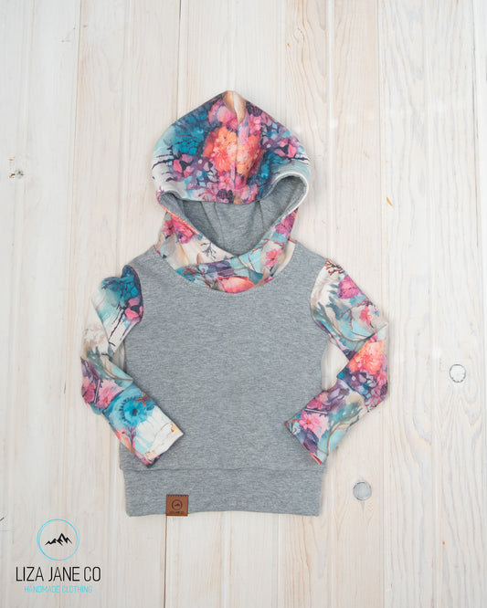 Grow with Me Hoodie | Skull on bright dripping floral and Grey on Body {Made to Order}