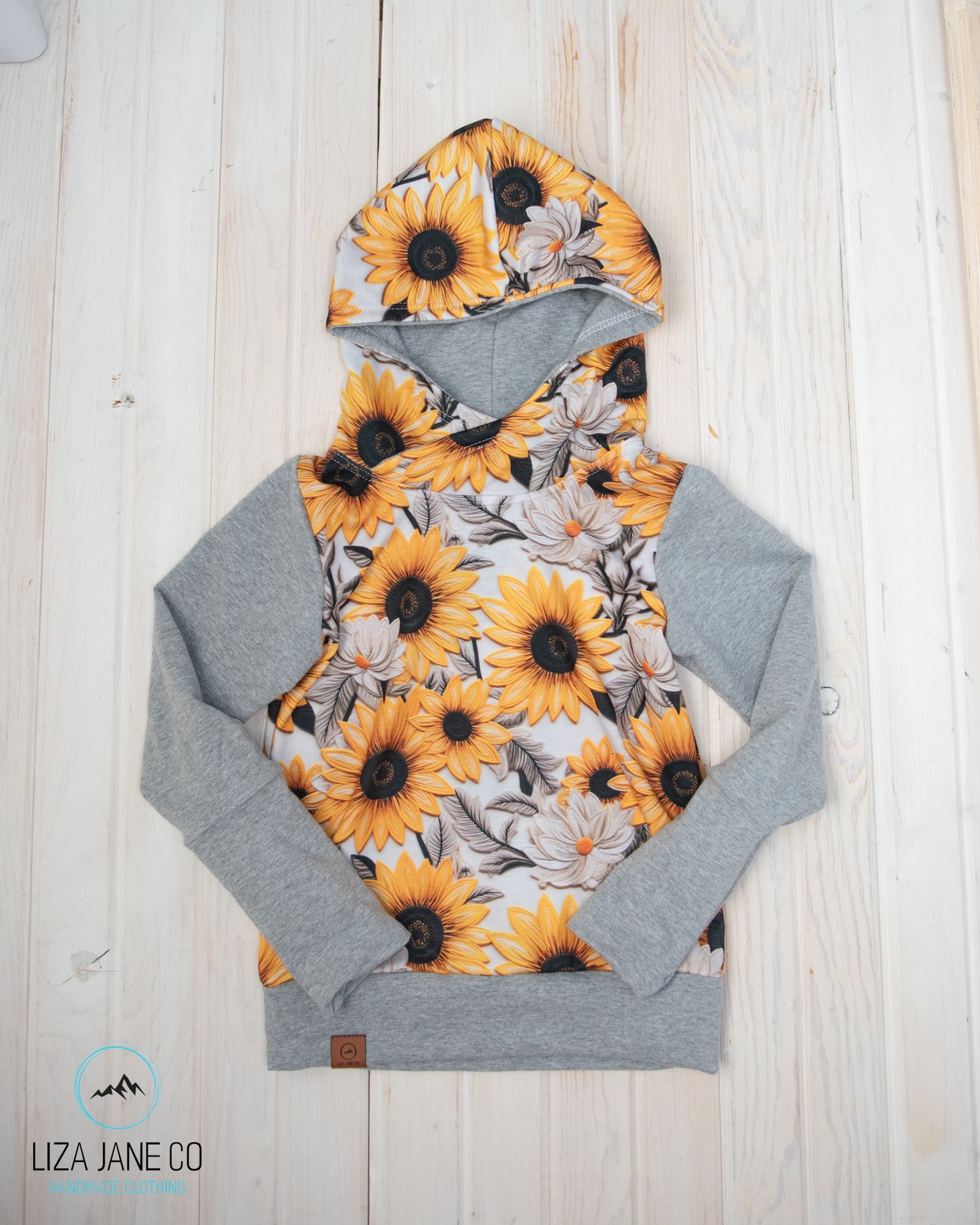 Grow with Me Hoodie | Embroidered sunflower & Grey Sleeves