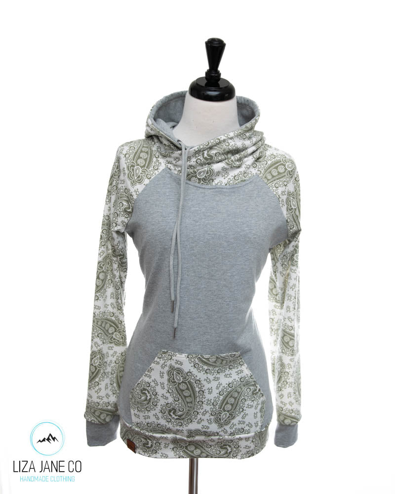 Women's Hoodie | Green Paisley & Heather Grey Body