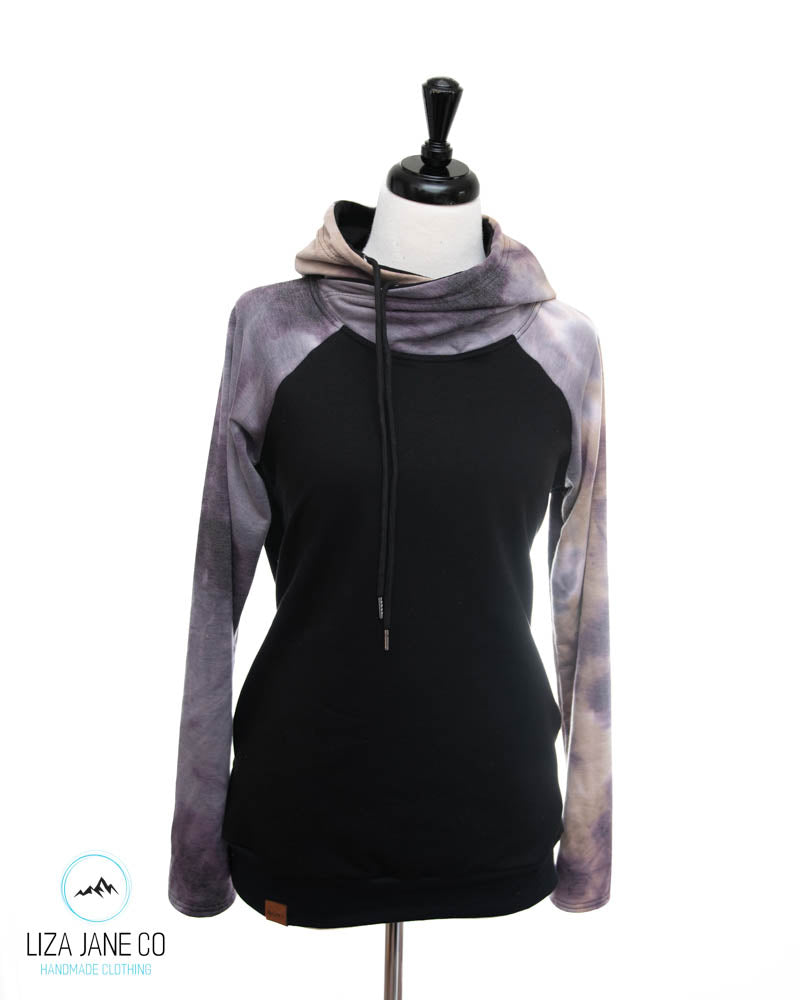 Women's Hoodie | Purple/Tan Tie-Dye and Black {Large}