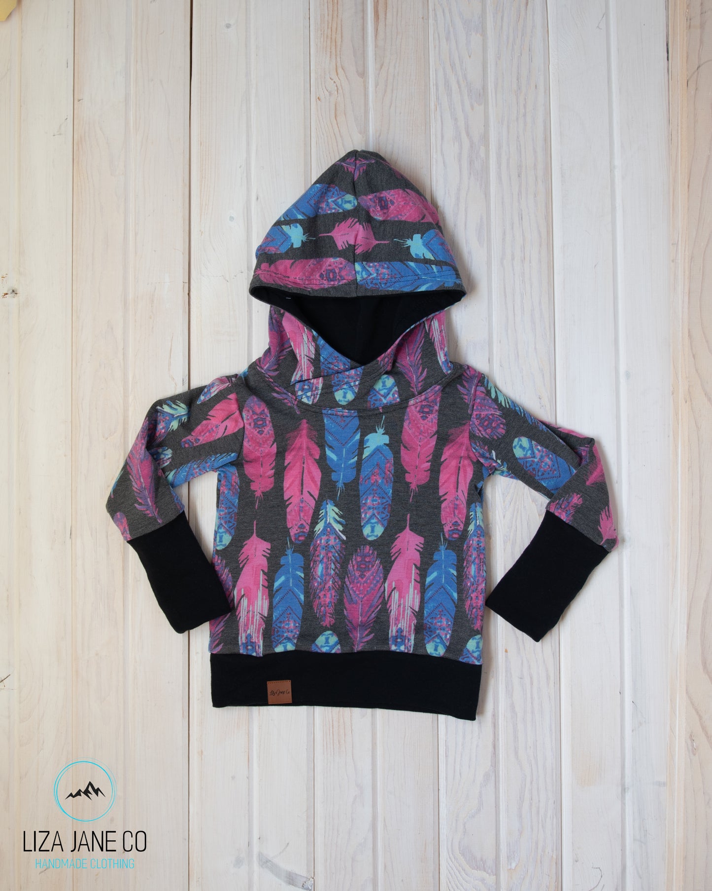 Grow with Me Hoodie | Feathers on Grey and Black {1-3 Year}