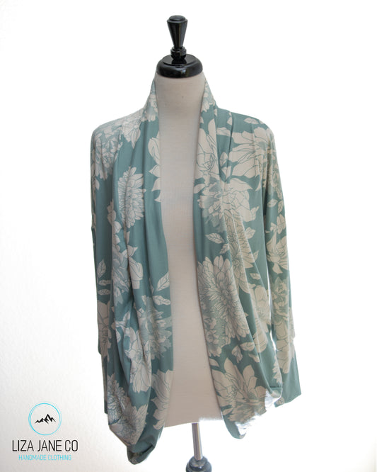 Women's Cocoon Cardigan | White Floral on Aqua {small}
