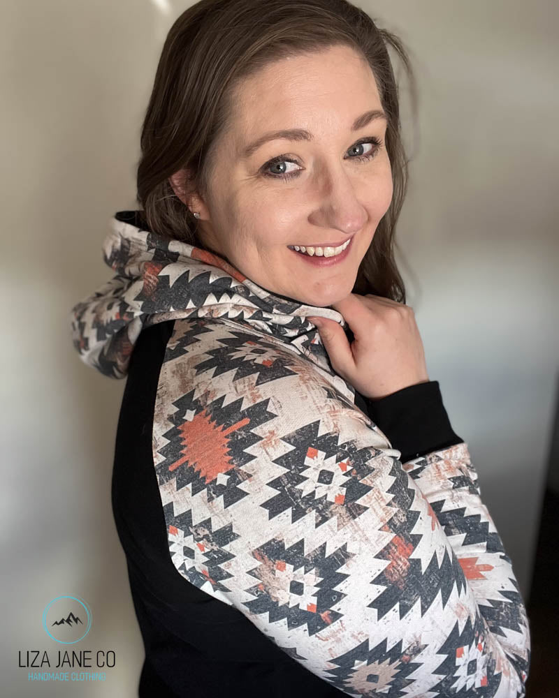 Women's Hoodie | Natural/earthy Aztec and black on Sleeves {Made to Order}