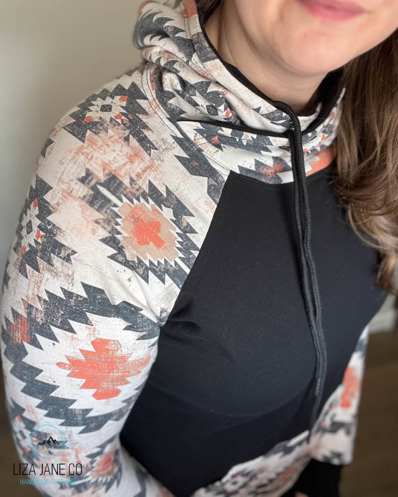 Women's Hoodie | Natural/earthy Aztec and black on Sleeves {Made to Order}