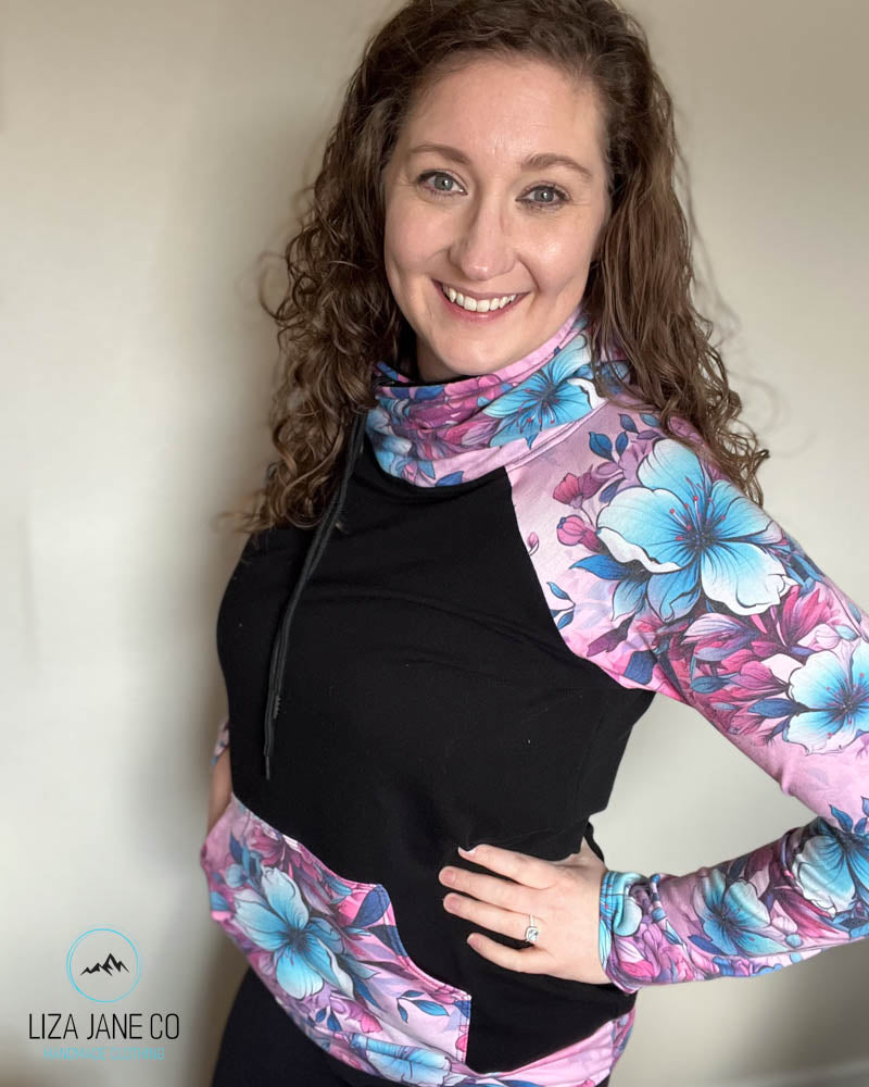 Women's Hoodie | Pink/Aqua Floral and black on Body {Made to Order}