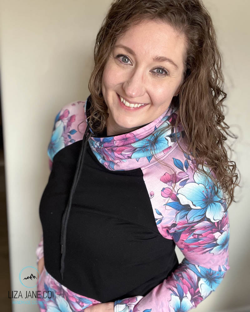 Women's Hoodie | Pink/Aqua Floral and black on Body {Made to Order}