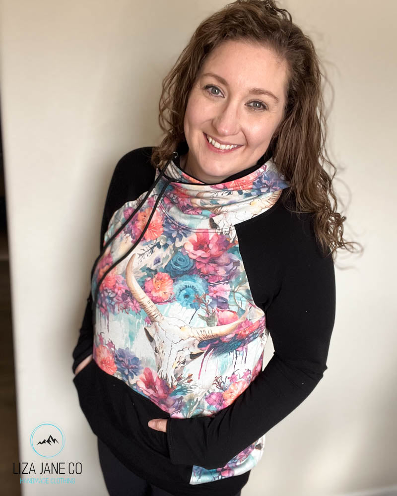 Women's Hoodie | Skull on bright dripping floral and Grey on Body {Large}