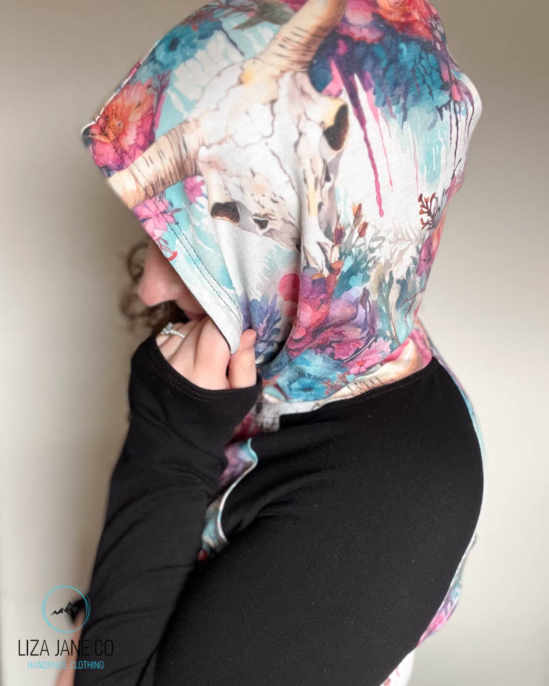 Women's Hoodie | Skull on bright dripping floral and black on Sleeves {Made to Order}