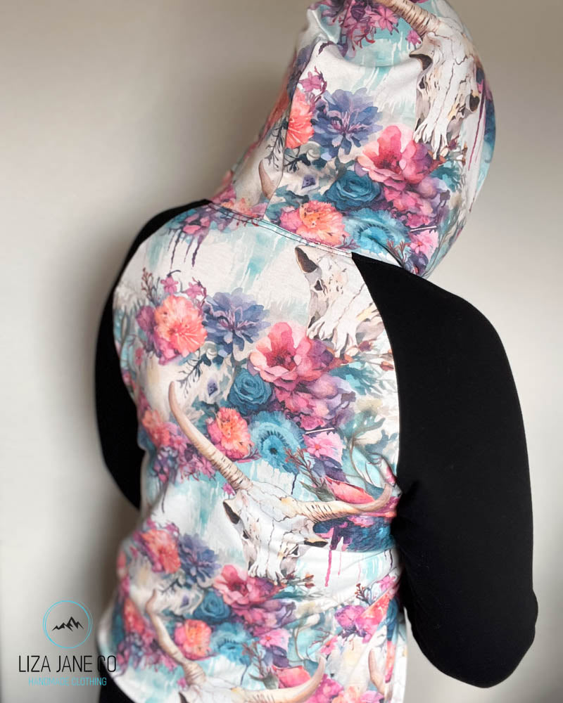 Women's Hoodie | Skull on bright dripping floral and Grey on Sleeves {Made to Order}