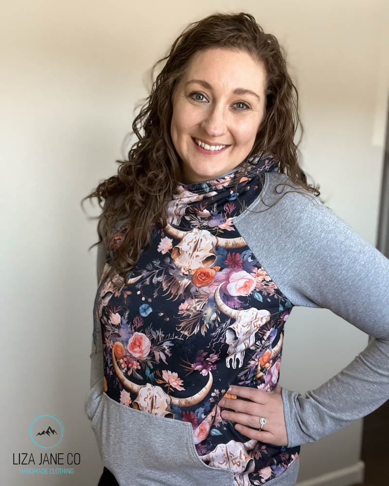 Women's Hoodie | Vibrant Floral skull on Navy and Grey on Sleeves {Made to Order}