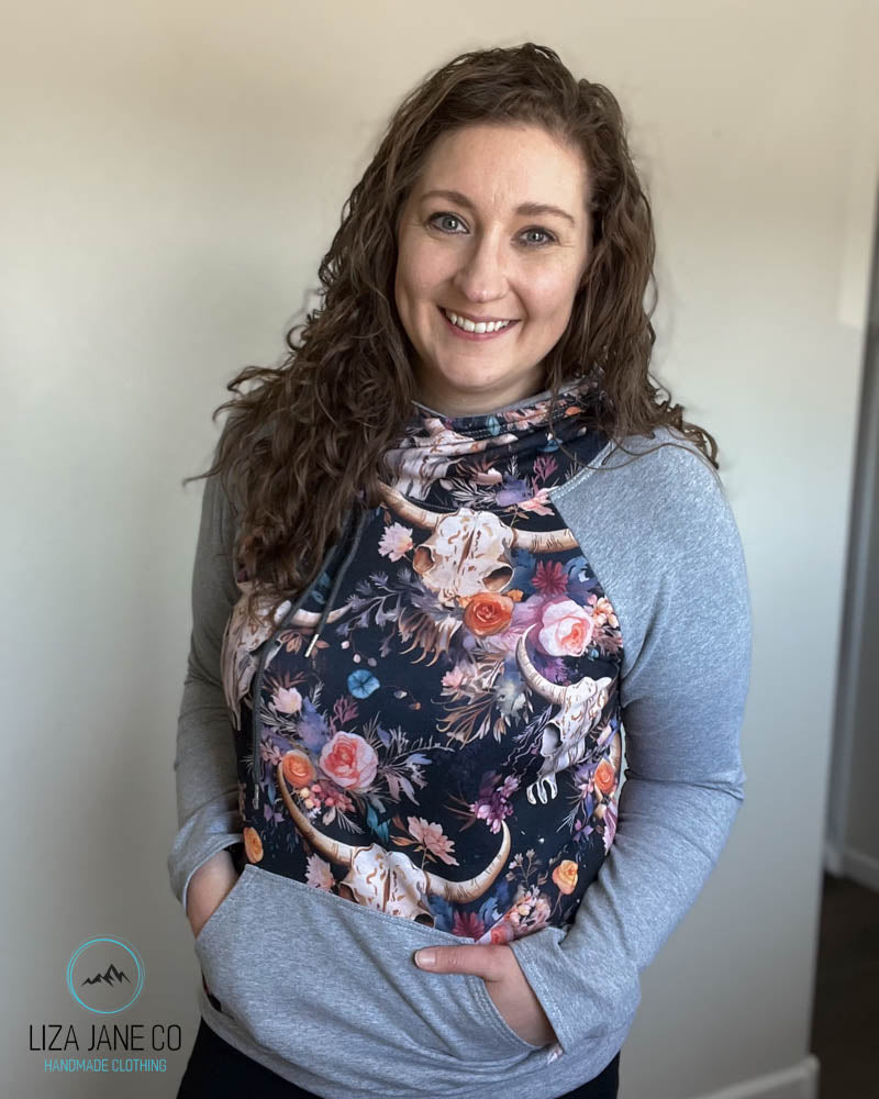 Women's Hoodie | Vibrant Floral skull on Navy and Grey on Sleeves {Made to Order}