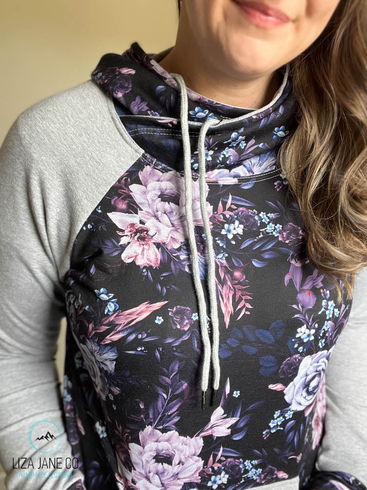 Women's Hoodie | Purple Floral on black and Grey on Sleeves {Made to Order}